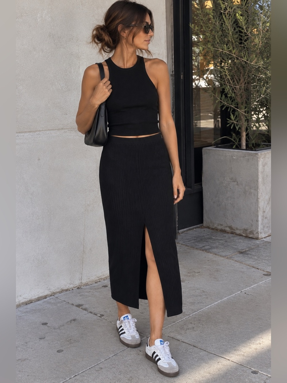 Free People Black Ribbed Midi Skirt with Front Center Slit